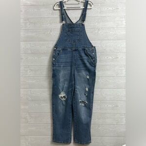 Vanilla Star Women’s’ Stretch Blue Stonewashed Distressed Overalls. Size L
